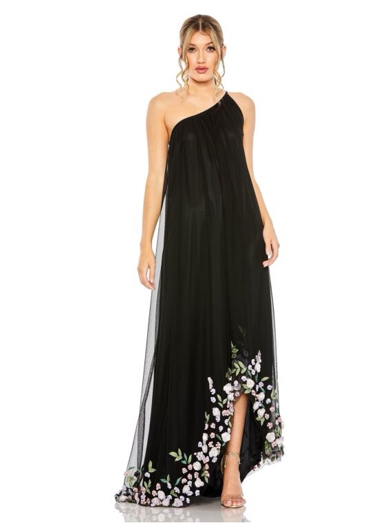 Mac Duggal Black One-Shoulder Gown With Pink & Green Floral Hem